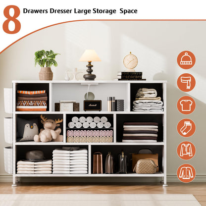 Laintene 8 Drawer Dresser, White Dresser with Power Outlets LED Lights, Fabric Dressers for Bedroom TV Stand with Side Pocket, Chest of Drawers for up to 50" TV