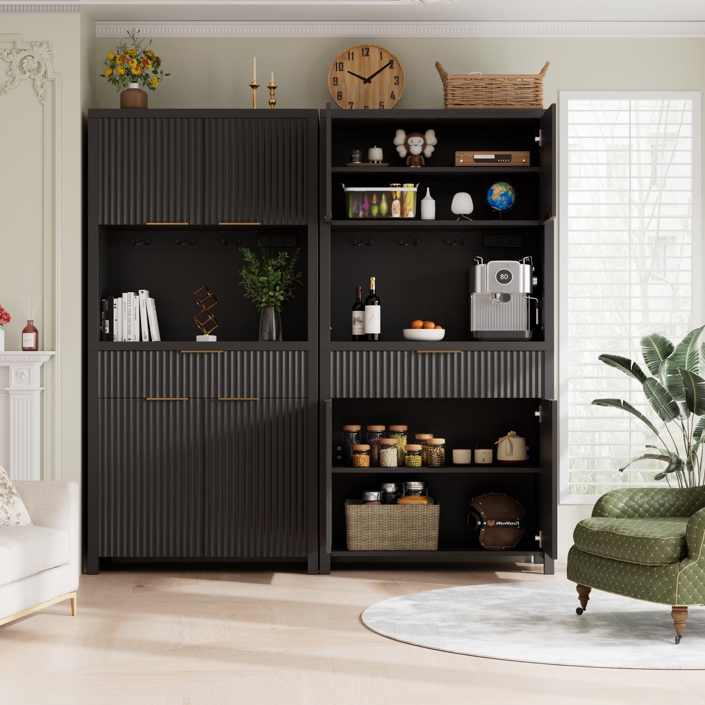 Laintene Pantry Storage Cabinet with Charging Station, Tall Kitchen Pantry with Microwave Shelves, Fluted Storage Cabinet with Open Countertop and Drawer for Dining Living Room, Black