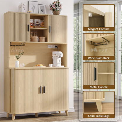 Laintene Kitchen Pantry Cabinet with Wine Rack, Storage Cabinet with Tambour Sliding Doors, Bar Cabinet with Glass Holder, Pantry Storage for Living Room, Kitchen, Entryway, Natural Oak