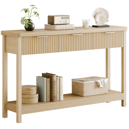 Laintene Fluted Console Table, 51" Narrow Entryway Table with 3 Drawers, Console Table Sofa Table with Storage Open Shelf, Modern Display Shelf for Hallway Living Room, Natural Oak