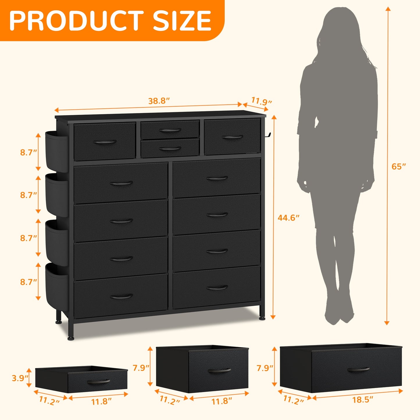 Dresser with 12 Fabric Drawer Stand Desktop Storage Cabinet for Bedroom Organization, Dorm, Front Hall Entryway, Black PU