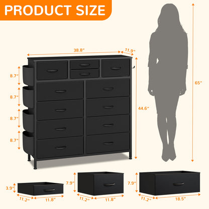 Dresser with 12 Fabric Drawer Stand Desktop Storage Cabinet for Bedroom Organization, Dorm, Front Hall Entryway, Black PU