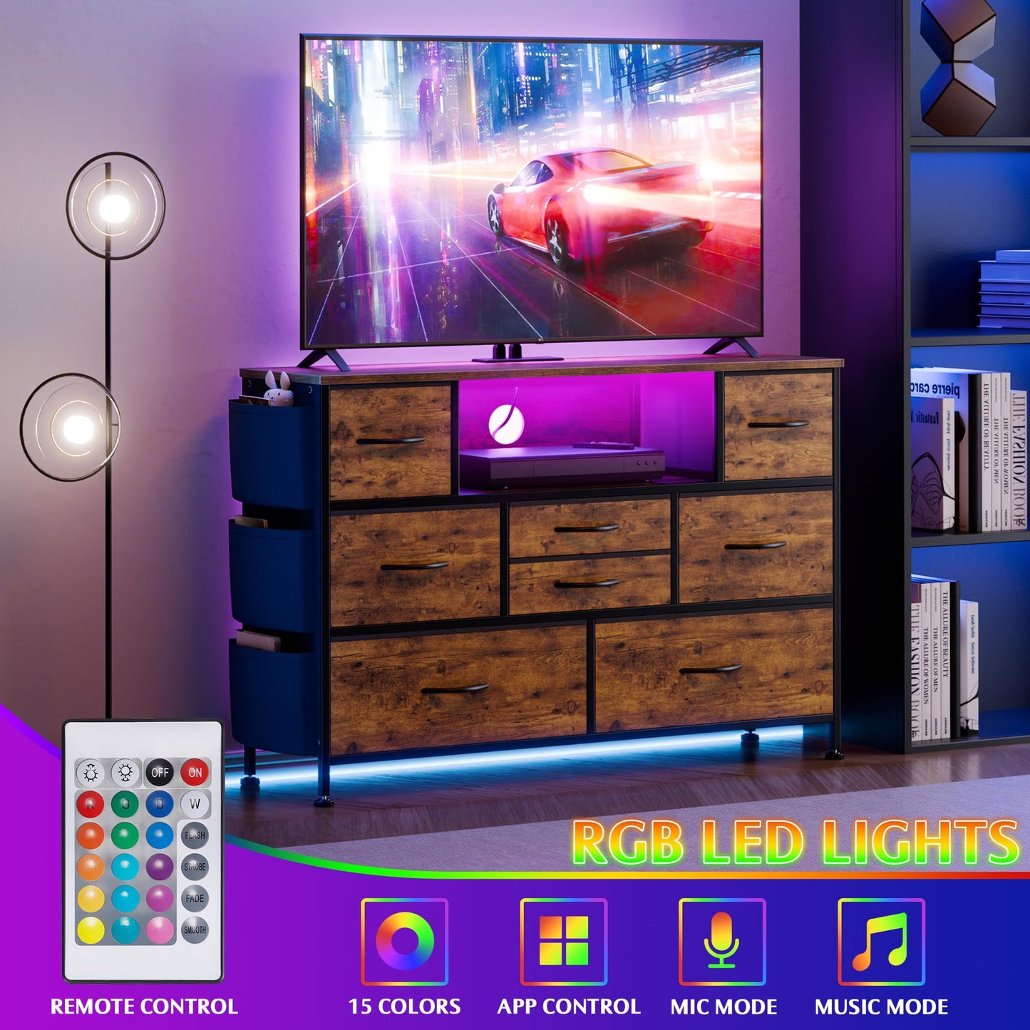 Laintene 8 Drawer Dresser, Dresser with Power Outlets LED Lights, Fabric Dressers for Bedroom TV Stand with Side Pocket, Chest of Drawers for up to 50" TV
