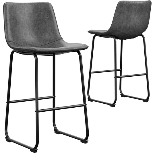 LainTene 30" PU Leather Bar Stools Set of 2 – Modern Counter Height Stools with Back, Footrest & Sturdy Metal Legs for Kitchen, Bar, Living Room, Gray