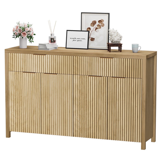 Laintene 55"L Sideboard Buffet Cabinet with Storage, Fluted Accent Storage Cabinet with Doors & Adjustable Shelves for Living Room Dining Room and Kitchen, Natural Oak