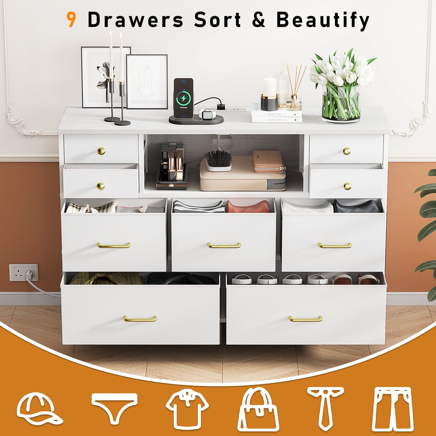 Laintene Bedroom Dresser with LED Lights, 9-Drawer Fabric Chest of Drawers, White Dresser TV Stand with Power Outlet and Side Pocket, Wide Storage Unit for up to 50" TV
