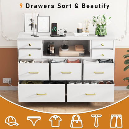 Laintene Bedroom Dresser with LED Lights, 9-Drawer Fabric Chest of Drawers, White Dresser TV Stand with Power Outlet and Side Pocket, Wide Storage Unit for up to 50" TV