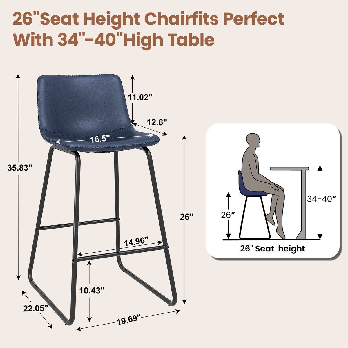LainTene 26" Bar Stools Set of 3 – Faux Leather Counter Height Stools with Backrest & Footrest, Heavy-Duty Metal Frame for Kitchen, Bar, Living Room, Blue