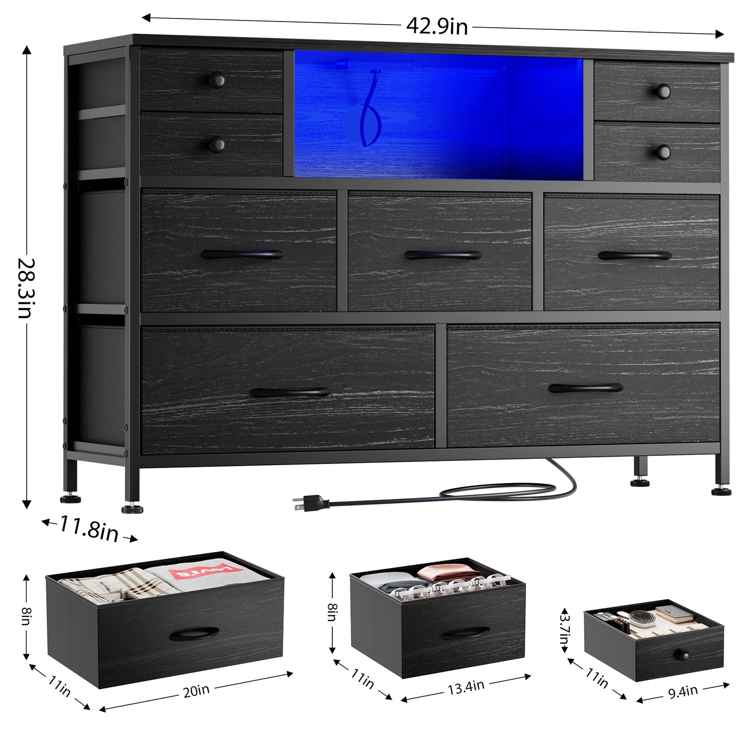 Laintene Bedroom Dresser with LED Lights, 9-Drawer Fabric Chest of Drawers, Black Dresser TV Stand with Power Outlet and Side Pocket, Wide Storage Unit for up to 50" TV