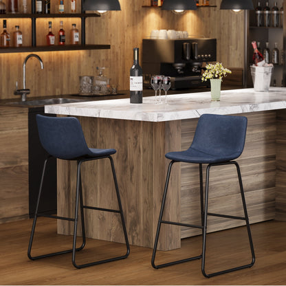 LainTene 30" Bar Stools Set of 3 – Faux Leather Counter Height Stools with Backrest & Footrest, Heavy-Duty Metal Frame for Kitchen, Bar, Living Room, Blue