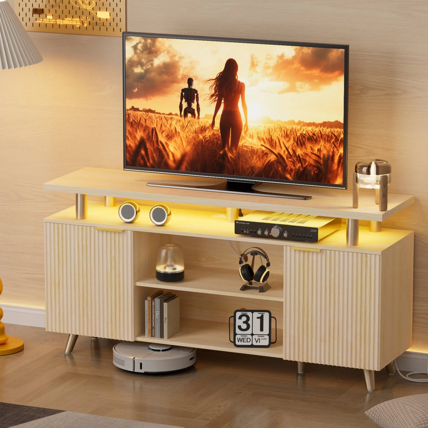 LainTene 65" Fluted LED TV Stand with Power Outlets - Modern Entertainment Center with Adjustable Shelves, Storage Cabinets & Ambient Lighting for Living Room, Natural Finish
