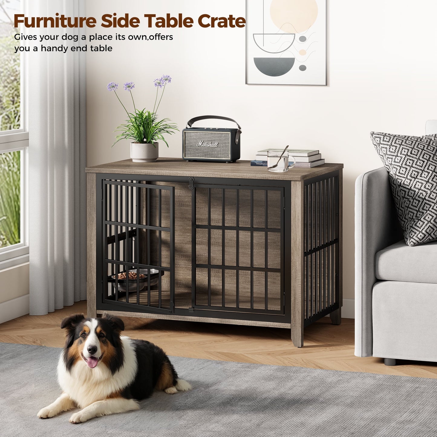 Laintene Dog Crate with Bowls, Heavy Duty Wooden Dog Crate Furniture, 37.7" Indoor Dog Kennels for Large Dogs, Gray