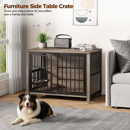 Laintene Dog Crate with Bowls, Heavy Duty Wooden Dog Crate Furniture, 37.7" Indoor Dog Kennels for Large Dogs, Gray