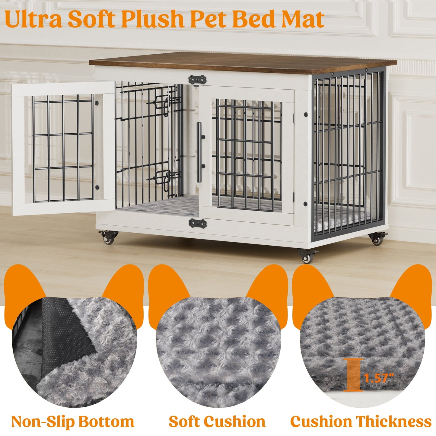 LainTene Dog Crate Furniture, Dog Kennels for Inside with Pads and Wheels, Heavy Duty Pet House for Small Medium Dogs, White