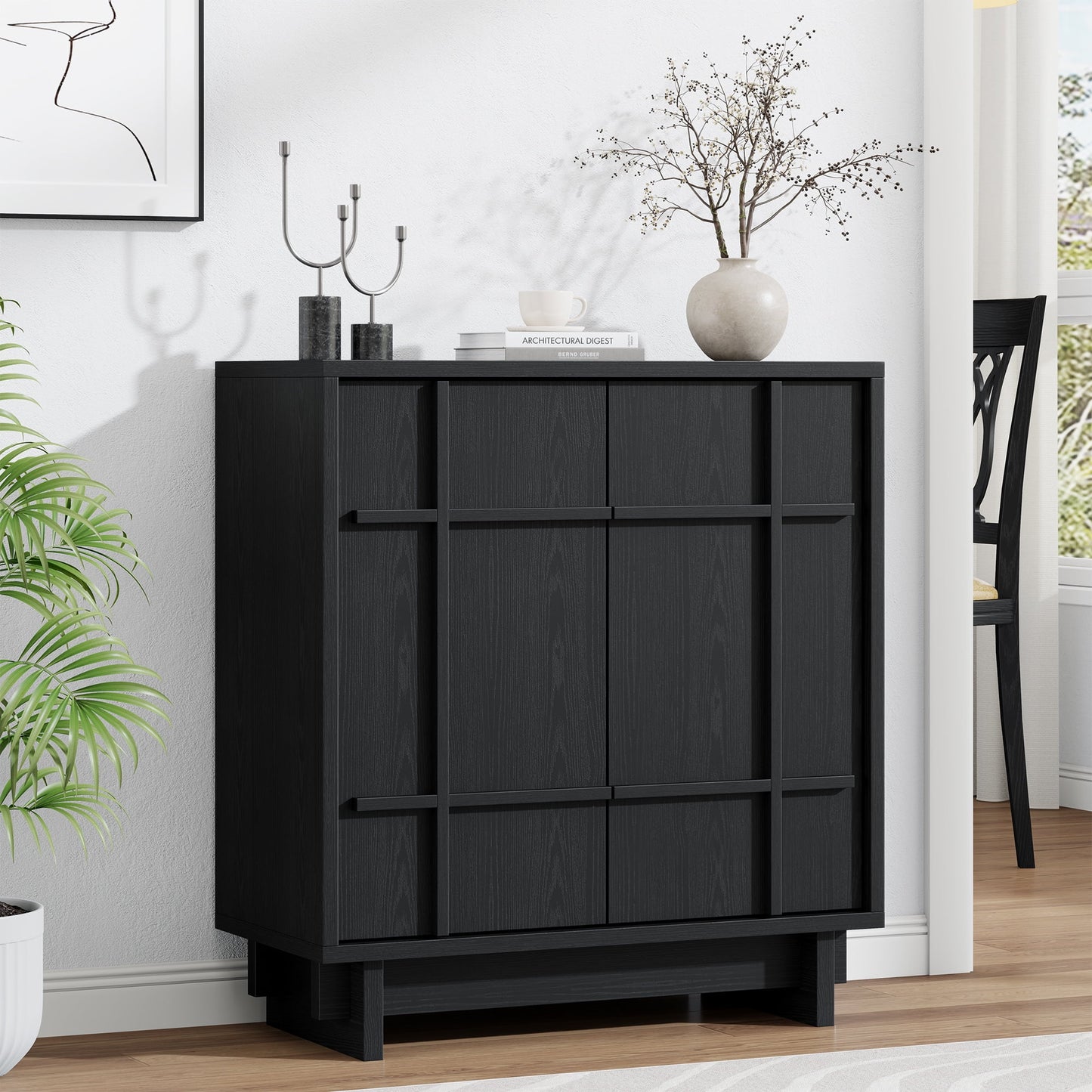 Laintene Buffet Cabinet with Skeletal Lines Doors, Sideboard Storage Cabinet with Adjustable Shelves for Kitchen, Wood Accent Cabinet TV Stands for Living Room, Black Set of 3
