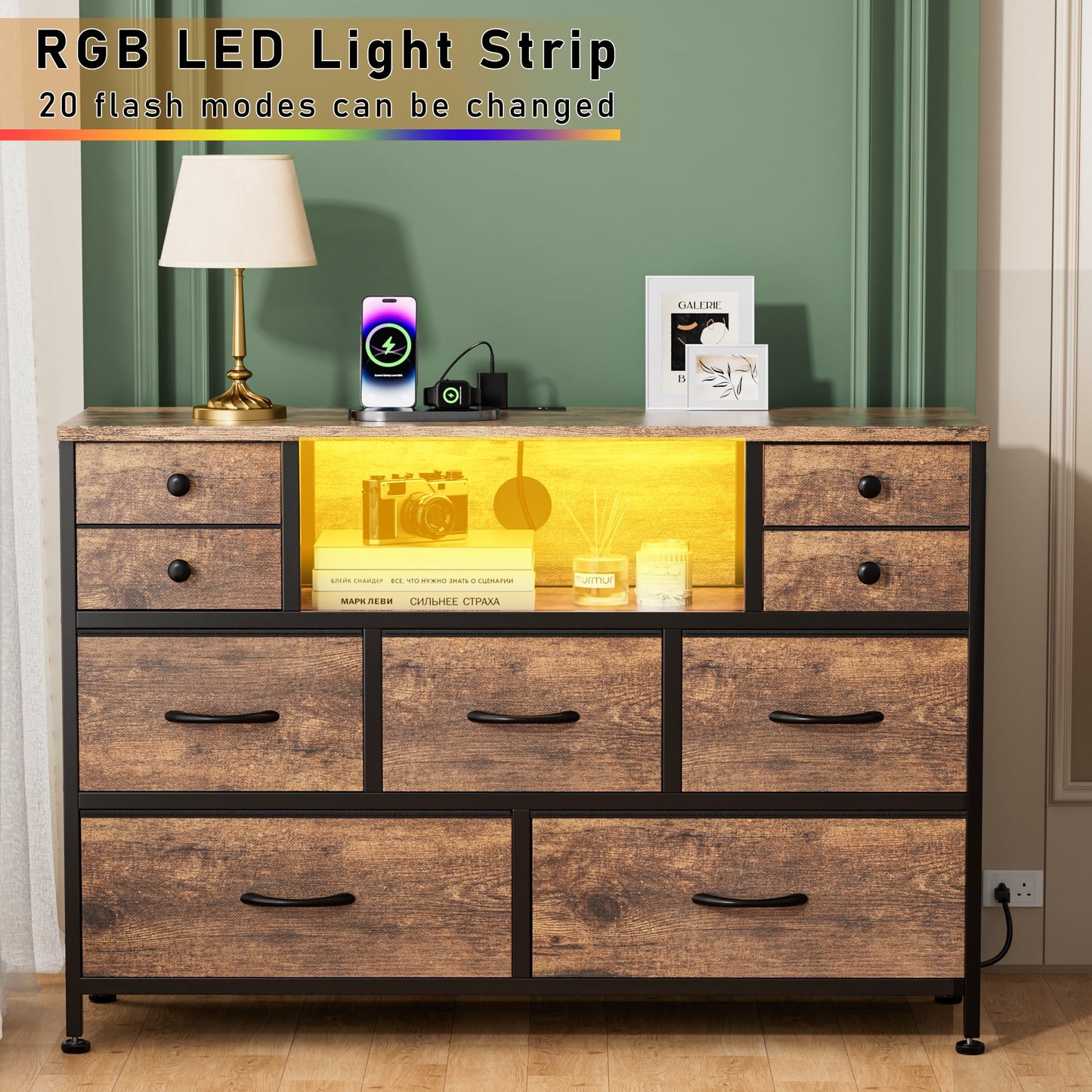 Laintene Bedroom Dresser with LED Lights, 9-Drawer Fabric Chest of Drawers, Dresser TV Stand with Power Outlet and Side Pocket, Wide Storage Unit for up to 50" TV, Brown