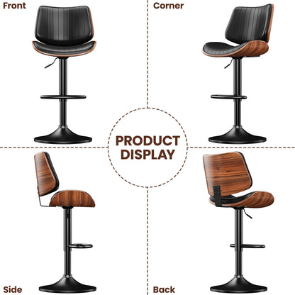 LainTene Set of 2 Swivel Bar Stools with Bentwood Back, Adjustable PU Leather Bar Chairs for Kitchen Island, Counter or Dining Room, Black