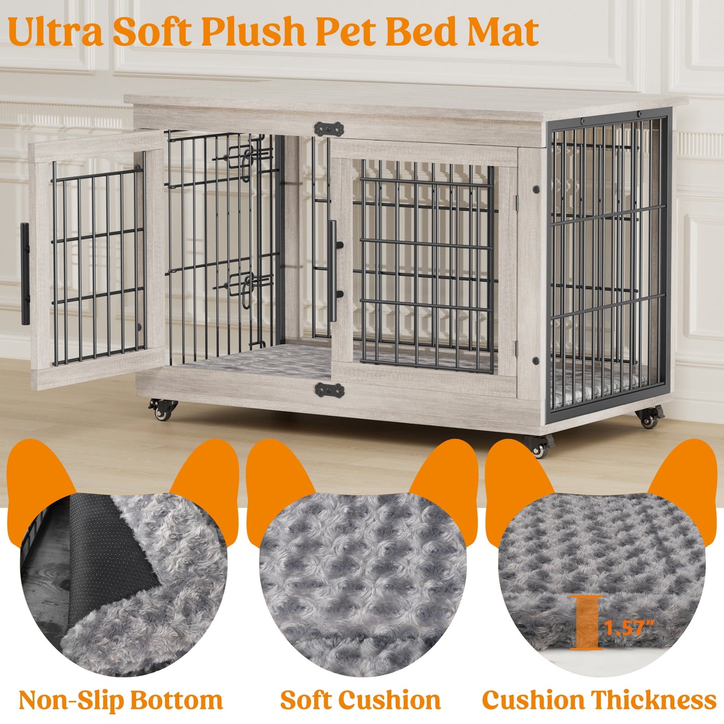 Laintene Dog Crate Furniture, Dog Kennels for Inside with Pads and Wheels, Heavy Duty Pet House for Medium to Large Dogs, Gray