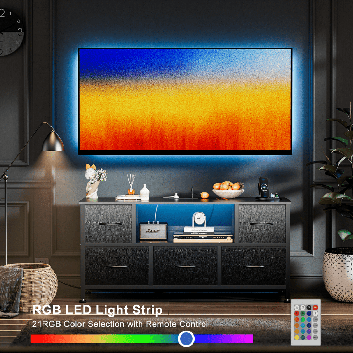 TV Stand Dresser with Power Outlets and LED Lights, 5 Drawer Console for 50 Inch TV, Dresser for Bedroom, Closet, Hallway