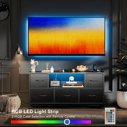 TV Stand Dresser with Power Outlets and LED Lights, 5 Drawer Console for 50 Inch TV, Dresser for Bedroom, Closet, Hallway