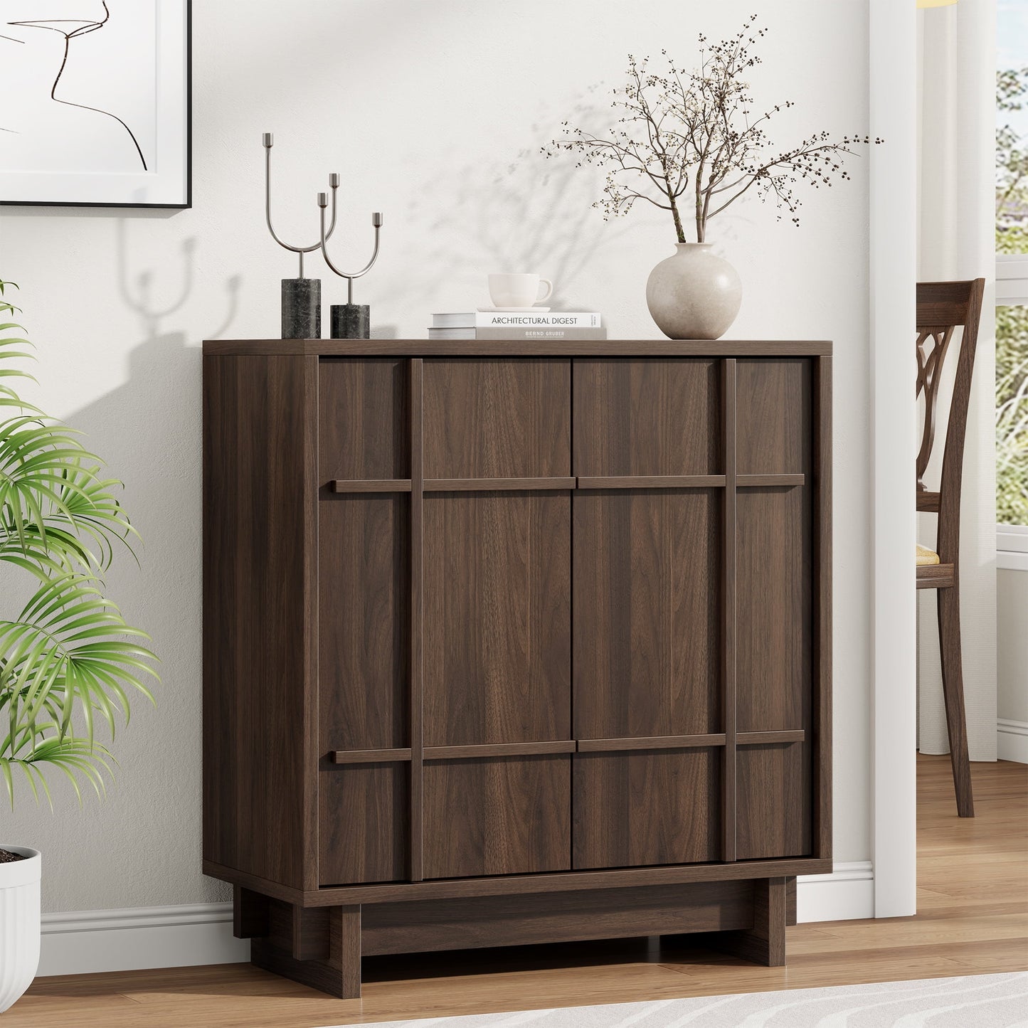 Laintene Sideboard Buffet with Lines Doors, Mid-Century Storage Cabinet with Adjustable Shelves for Kitchen Dining Room, Wood Coffee Bar for Living Room, Walnut Set of 2