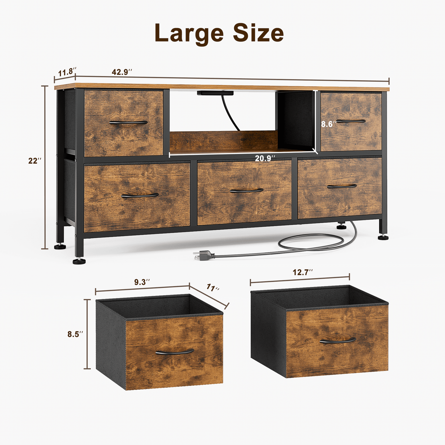 TV Stand Dresser with Power Outlets and LED Lights, 5 Drawer Console for 50 Inch TV, Dresser for Bedroom, Closet, Hallway