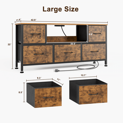 TV Stand Dresser with Power Outlets and LED Lights, 5 Drawer Console for 50 Inch TV, Dresser for Bedroom, Closet, Hallway