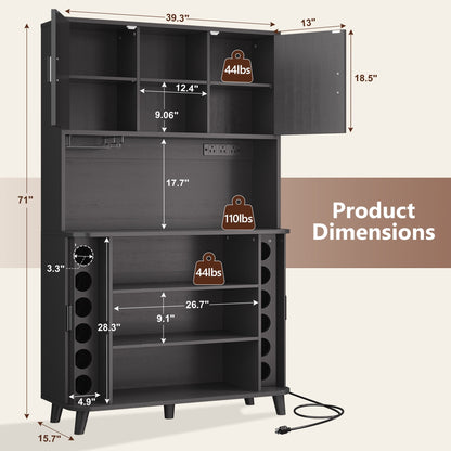 Laintene Kitchen Pantry Cabinet with Wine Rack, Storage Cabinet with Tambour Sliding Doors, Bar Cabinet with Glass Holder, Pantry Storage for Living Room, Kitchen, Entryway, Black