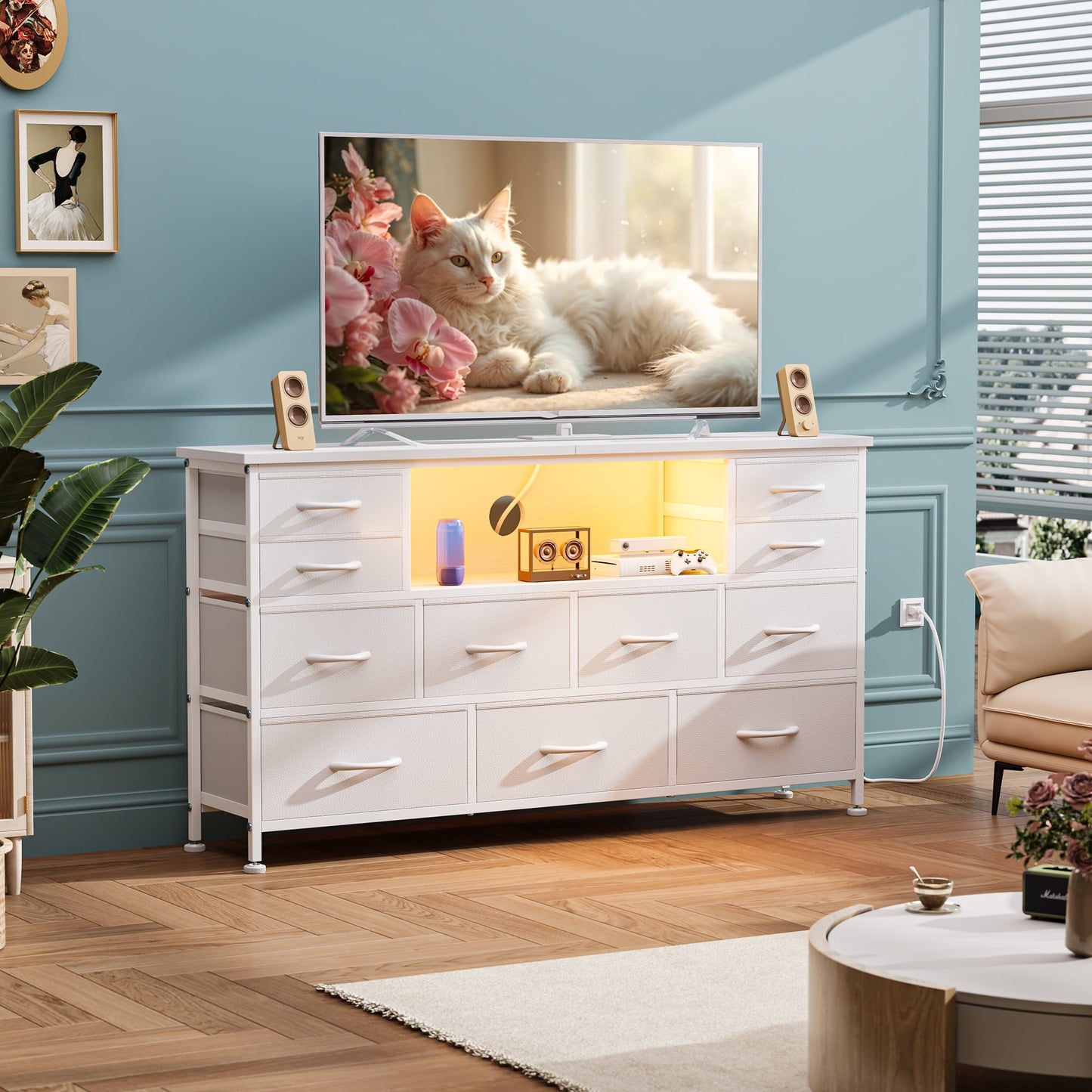 Laintene TV Stand 60 inch, Dresser for Bedroom with LED Lights Power Outlets, 11 Drawer Dresser TV Stands for Living Room, Fabric Chest of Drawers, White