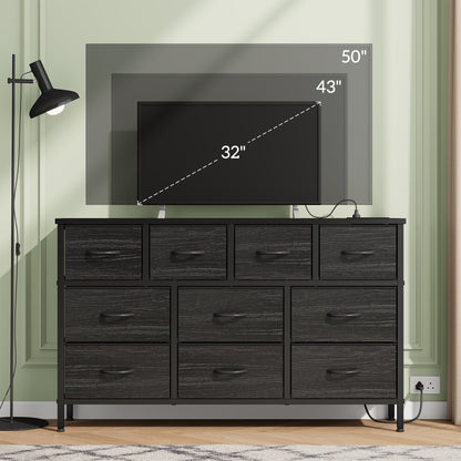 Laintene Dresser for Bedroom, TV Stand for 50" Long TV with Power Outlet, 10 Drawer Dresser for Closet, Fabric Chest of Drawers Entertainment Center for Living Room, Hallway, Entryway, Black