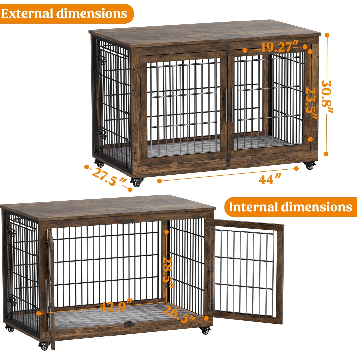 Laintene Dog Crate Furniture, Indoor Dog Kennels with Wheels and Pads, Pet House for XL Dogs, Gray