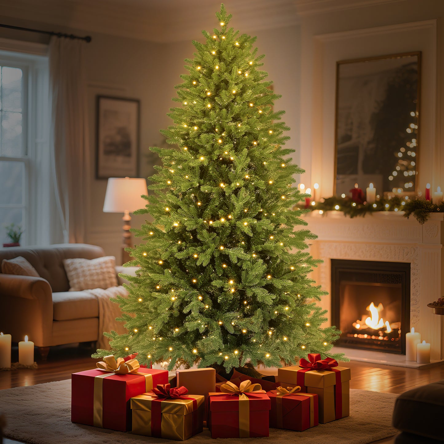 Laintene 6FT Pre-Lit Premium PE+PVC Christmas Tree | 400 Warm White LED Lights, 2085 Realistic Tips, Hinged Design with Storage Bag & Metal Stand