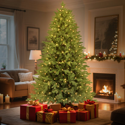 Laintene 6FT Pre-Lit Premium PE+PVC Christmas Tree | 400 Warm White LED Lights, 2085 Realistic Tips, Hinged Design with Storage Bag & Metal Stand