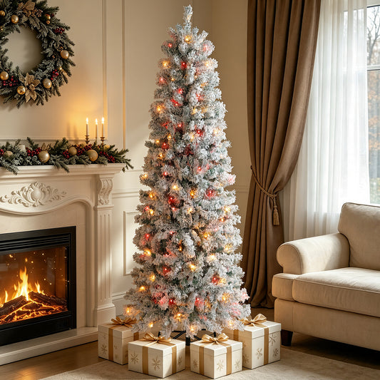 Aufeile 6FT Pencil Christmas Tree with Snow Flocked, 502 Branch Tips & 250 Multicolor LED Lights, Pre-Lit Artificial Christmas Tree, Flocked Slim Christmas Tree for Home