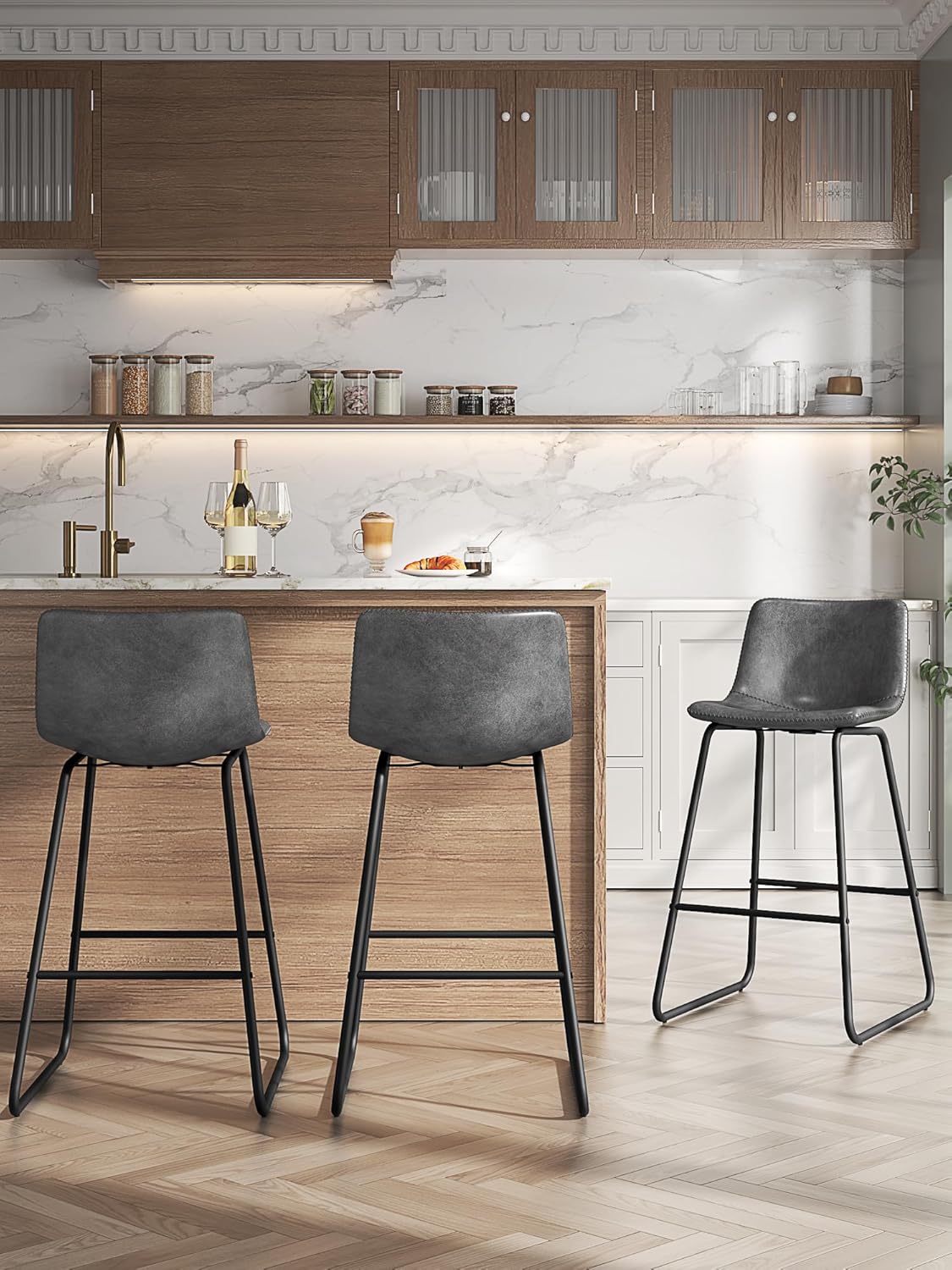 LainTene 26" Bar Stools Set of 2 – Faux Leather Counter Height Stools with Backrest & Footrest, Heavy-Duty Metal Frame for Kitchen, Bar, Living Room, Gray