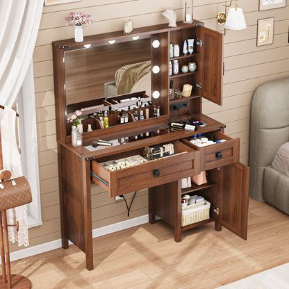 LainTene Farmhouse Makeup Vanity Desk with Mirror and Lights, Modern Glass Tabletop Vanity Table with Storage Shelves & Drawers for Bedroom, Brown