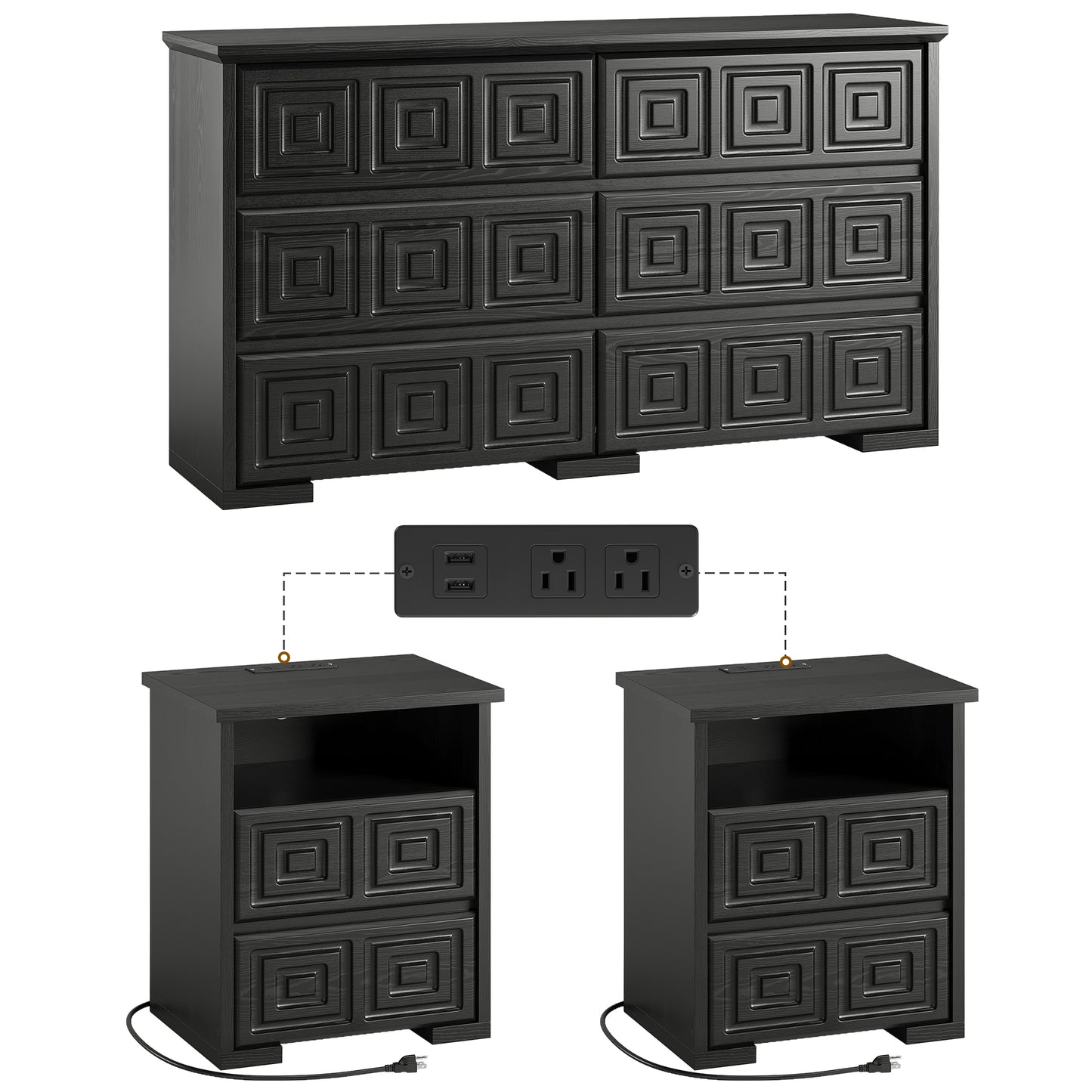 LainTene Farmhouse 3-Piece Dresser Set - 1 x 6-Drawer Storage Dresser & 2 x Nightstands with USB Ports, Solid Wood Vintage Bedroom Furniture, Black