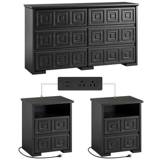 LainTene Farmhouse 3-Piece Dresser Set - 1 x 6-Drawer Storage Dresser & 2 x Nightstands with USB Ports, Solid Wood Vintage Bedroom Furniture, Black
