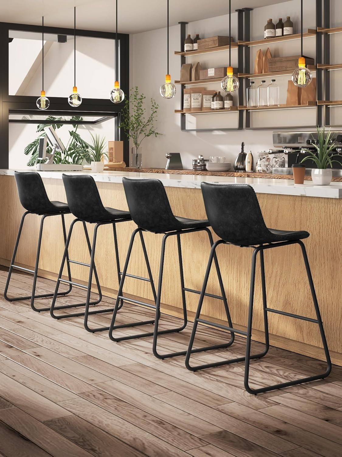LainTene 26" Bar Stools Set of 3 – Faux Leather Counter Height Stools with Backrest & Footrest, Heavy-Duty Metal Frame for Kitchen, Bar, Living Room, Black