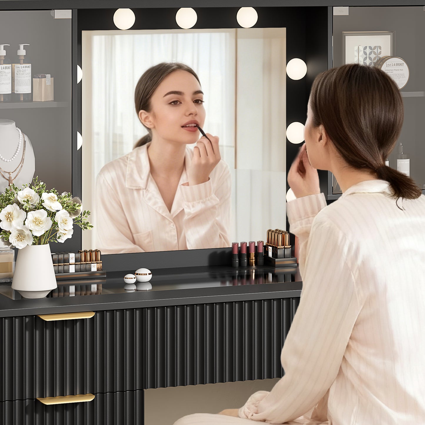 LainTene Makeup Vanity Table with Lights and Mirror, Vanity Desk with 3 Drawers & 2 Large Storage Cabinets and Charging Station for Bedroom