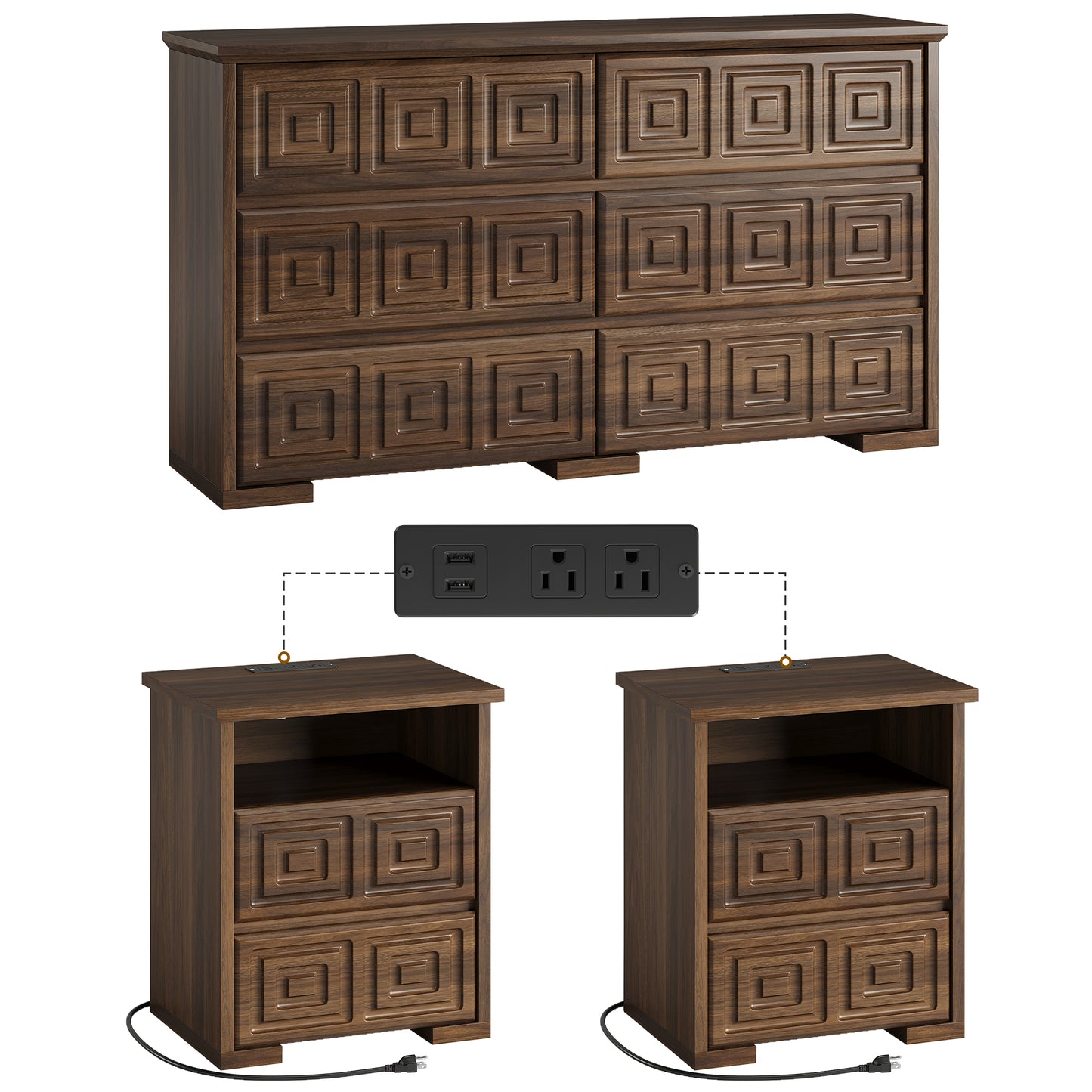 LainTene Farmhouse 3-Piece Dresser Set - 1x 6-Drawer Storage Dresser & 2 x Nightstands with USB Ports, Solid Wood Vintage Bedroom Furniture, Brown