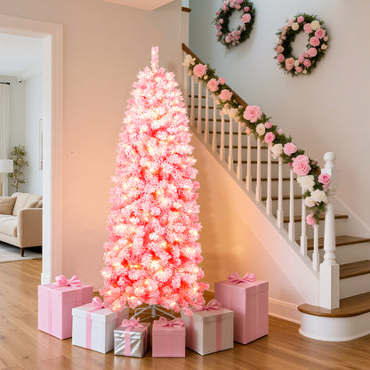 Laintene 6FT Pre-Lit Flocked Pencil Christmas Tree with 600 Tips & 200 Warm White LED Lights, Slim Artificial Xmas Tree for Small Spaces, Metal Stand, Pink