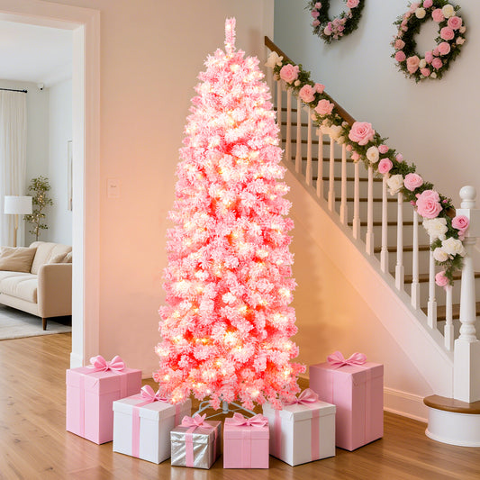 Laintene 6FT Pre-Lit Flocked Pencil Christmas Tree with 600 Tips & 200 Warm White LED Lights, Slim Artificial Xmas Tree for Small Spaces, Metal Stand, Pink