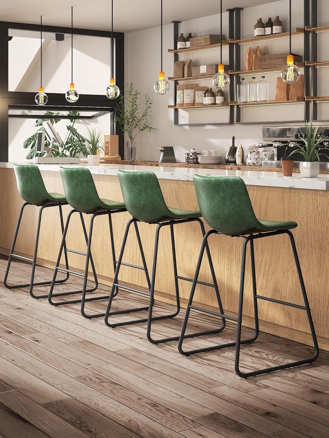 LainTene 26" Bar Stools Set of 3 – Faux Leather Counter Height Stools with Backrest & Footrest, Heavy-Duty Metal Frame for Kitchen, Bar, Living Room, Green