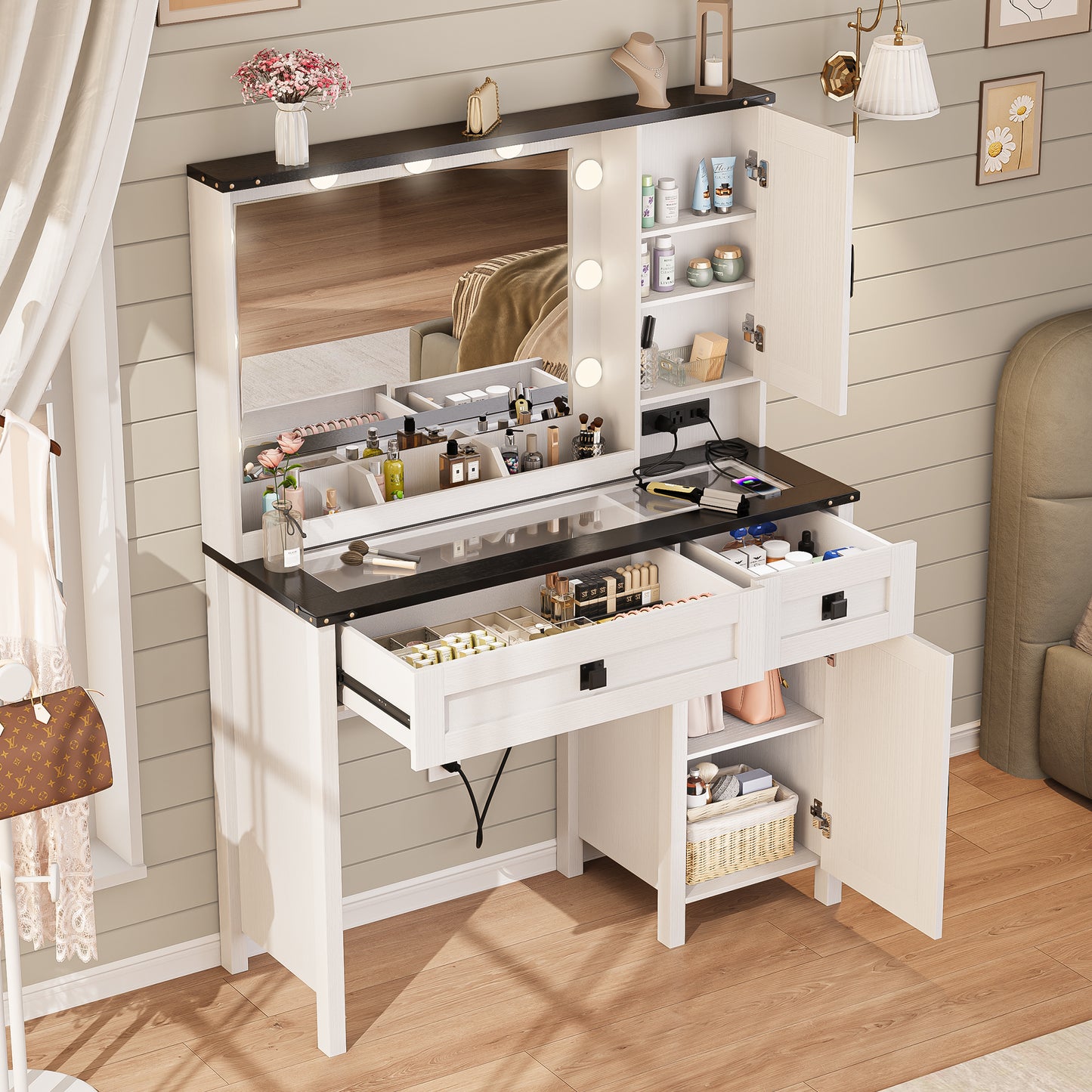 LainTene Farmhouse Vanity Desk with LED Mirror & Charging Station – Makeup Vanity Set with Glass Top, 2 Drawers & Storage Shelves, Rustic White Dressing Table