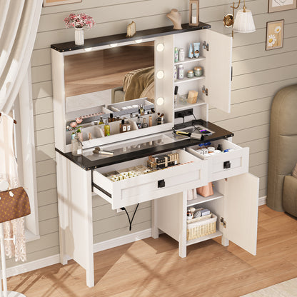 LainTene Farmhouse Vanity Desk with LED Mirror & Charging Station – Makeup Vanity Set with Glass Top, 2 Drawers & Storage Shelves, Rustic White Dressing Table