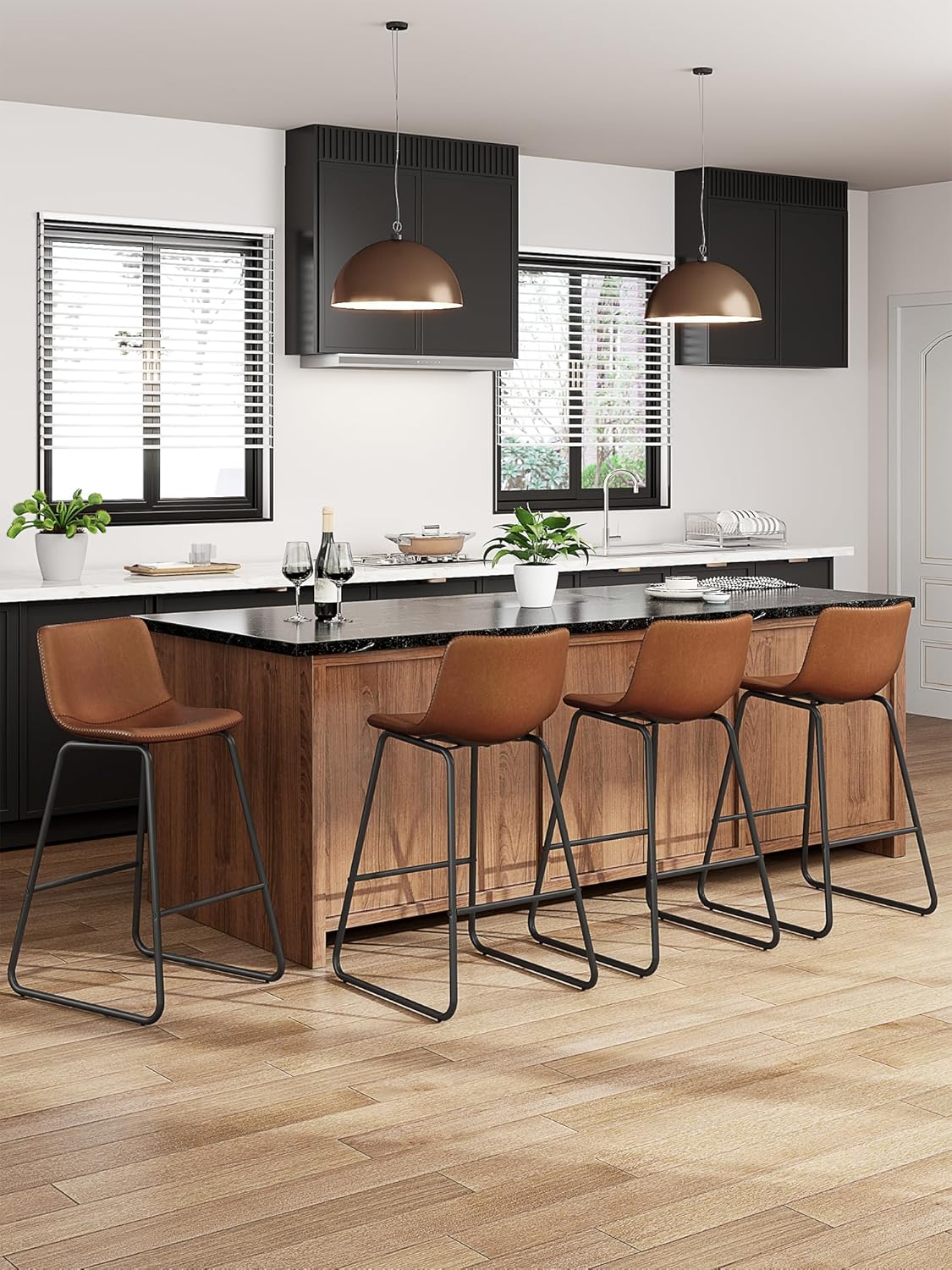 LainTene 26" Bar Stools Set of 3 – Faux Leather Counter Height Stools with Backrest & Footrest, Heavy-Duty Metal Frame for Kitchen, Bar, Living Room, Dark Brown