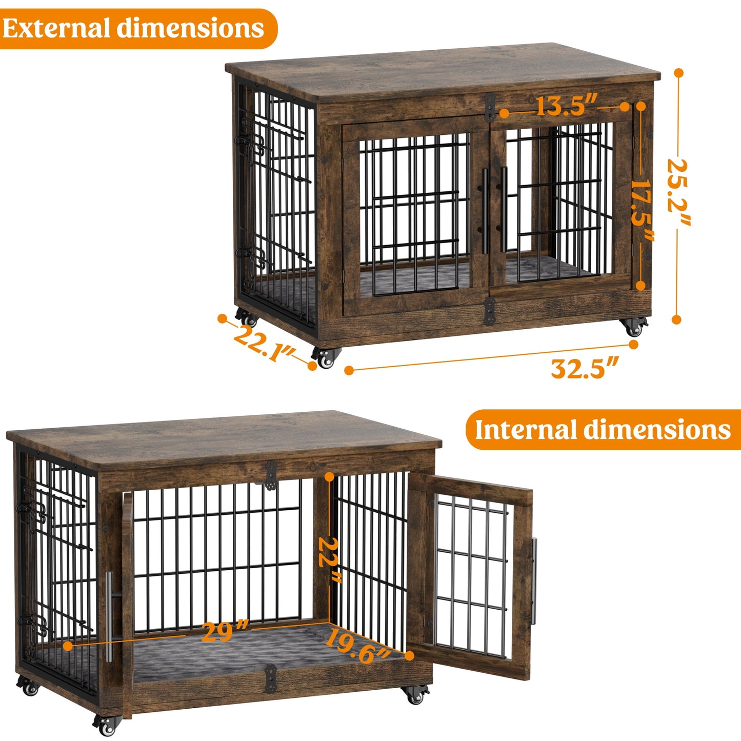 LainTene Dog Crate Furniture, Dog Kennels for Inside with Pads and Wheels, Heavy Duty Pet House for Small Medium Dogs, Browm