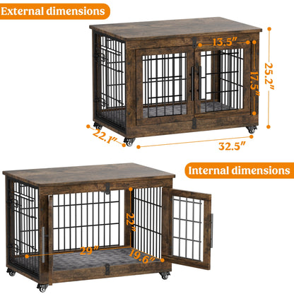 LainTene Dog Crate Furniture, Dog Kennels for Inside with Pads and Wheels, Heavy Duty Pet House for Small Medium Dogs, Browm