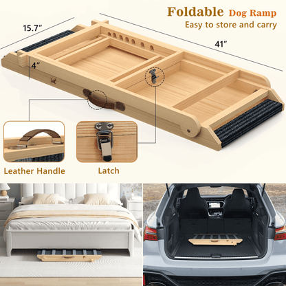 Laintene Dog Ramp for Bed, Wooden Adjustable Pet Ramp for Dogs and Cats, 7 Adjustable Height for 10.8" to 26.6", Portable Dog Ramp for Couch, Car